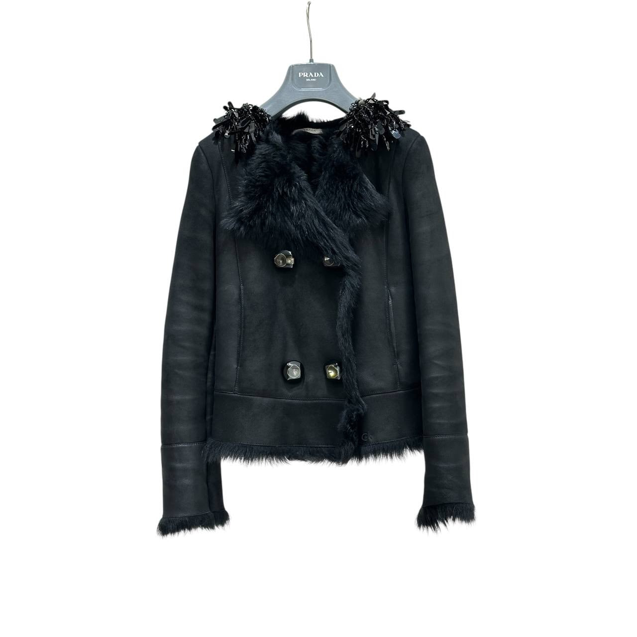 Prada Black Shearling  Decorative Collar Coat  Size 38 Pre-owned