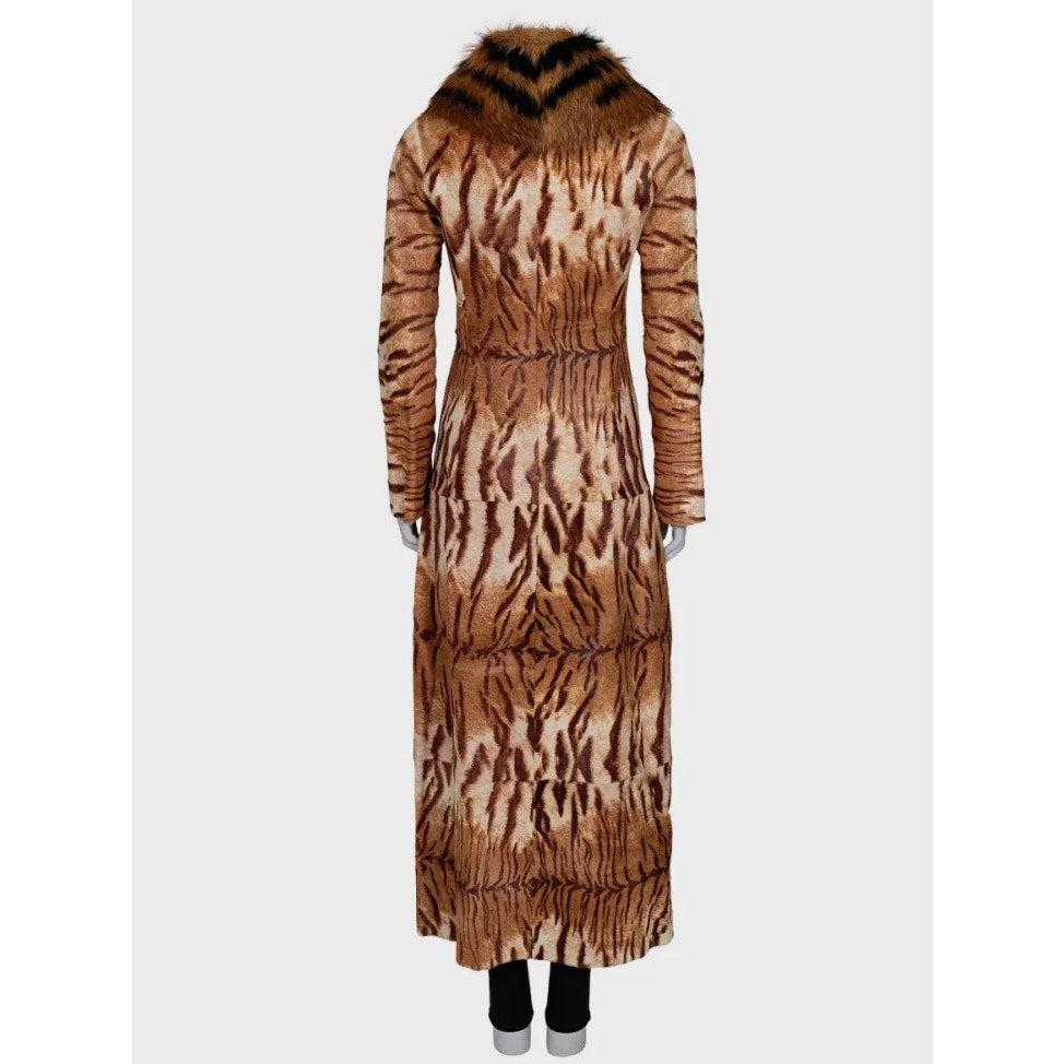 Roberto Cavalli Tiger Print Leather Coat Fur Collar XS pre-owned