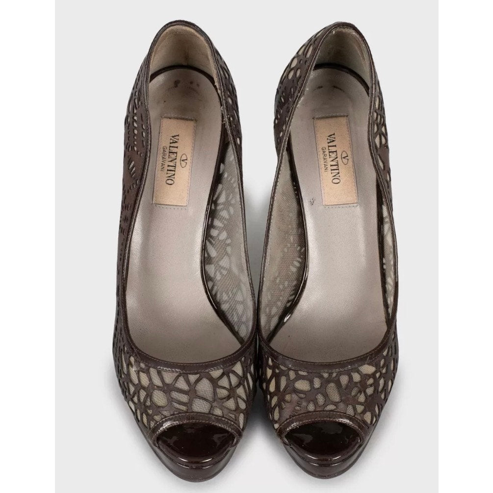 Valentino Perforated Leather Open-Toe Pumps - Brown, Sz 36.5 pre-owned