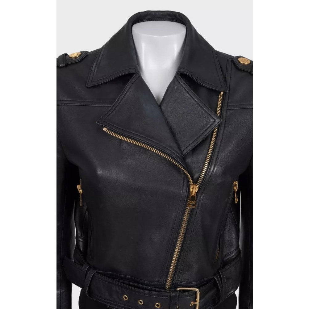 Balmain Cropped Lamb Leather Jacket - Gold Zipper Sz.36 Pre-owned