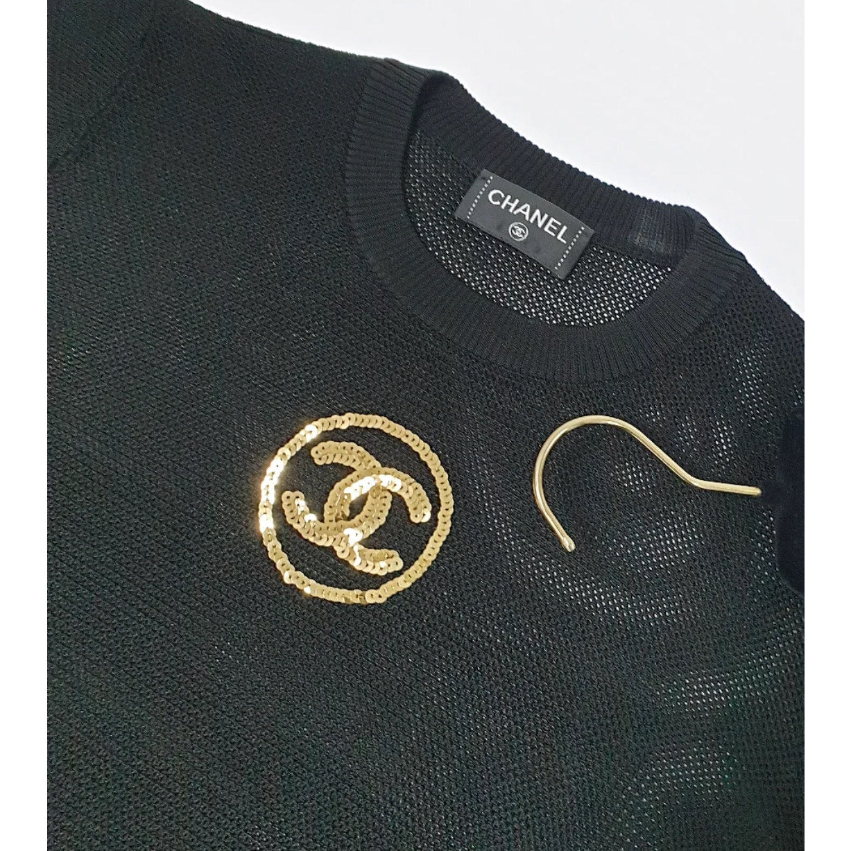 Chanel Black CC Logo Jumper with Net Sleeves - Size S Pre-owned