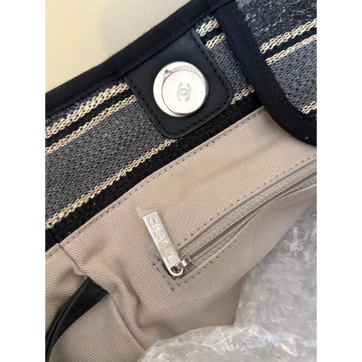 Chanel Deauville Striped Cloth Large Tote Bag Pre-owned