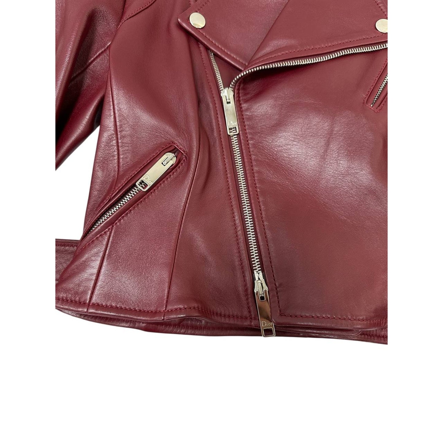 Christian Dior Burgundy Leather Biker Jacket Sz.38 Pre-owned