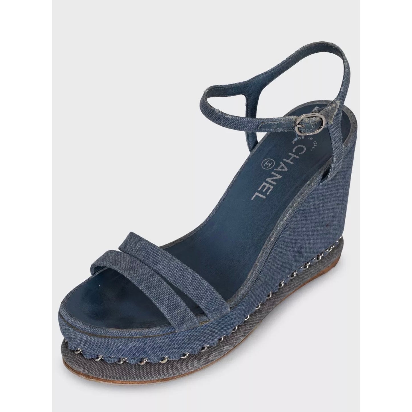 Chanel Blue Denim Wedge Sandals, Size 39.5 pre-owned