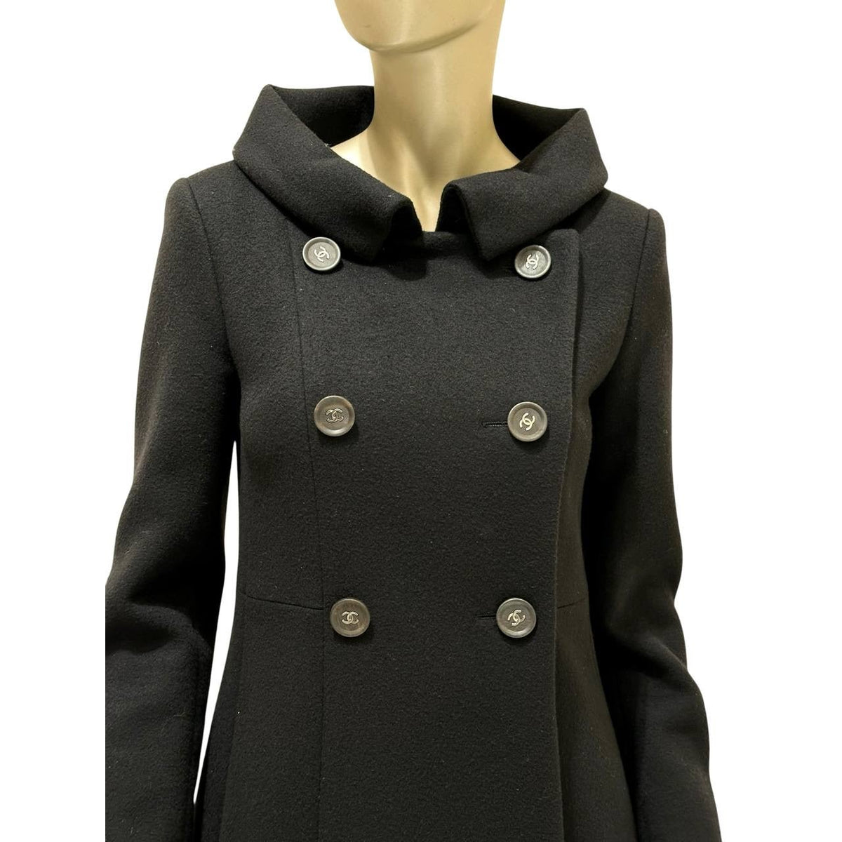 CHANEL Black Wool Coat A-Line Double-Breasted Sz. 38 Pre-owned