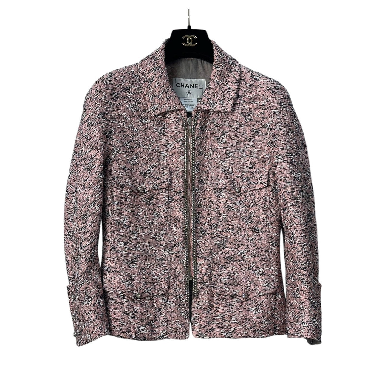 Chanel Pink Silk Tweed Zip Front Jacket - Size 38 Pre-owned