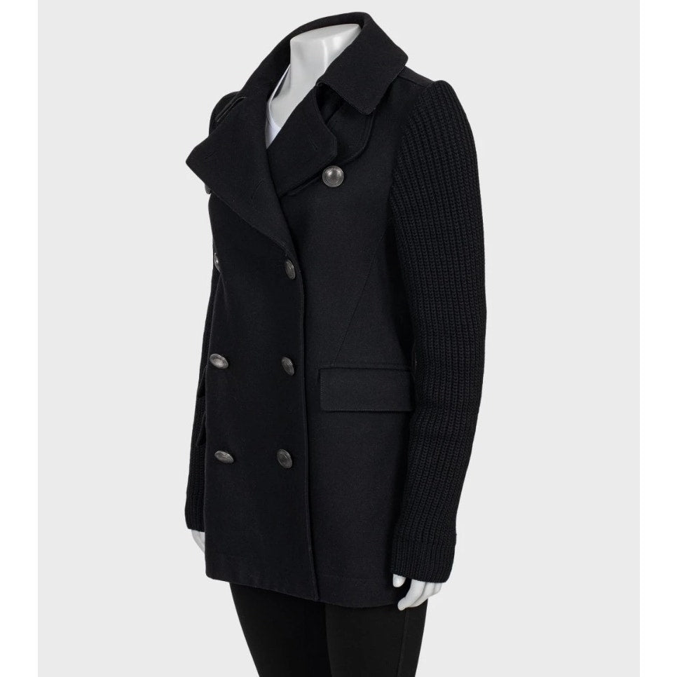 Burberry Brit Black Wool Coat with Knit Sleeves - Size M Pre-owned