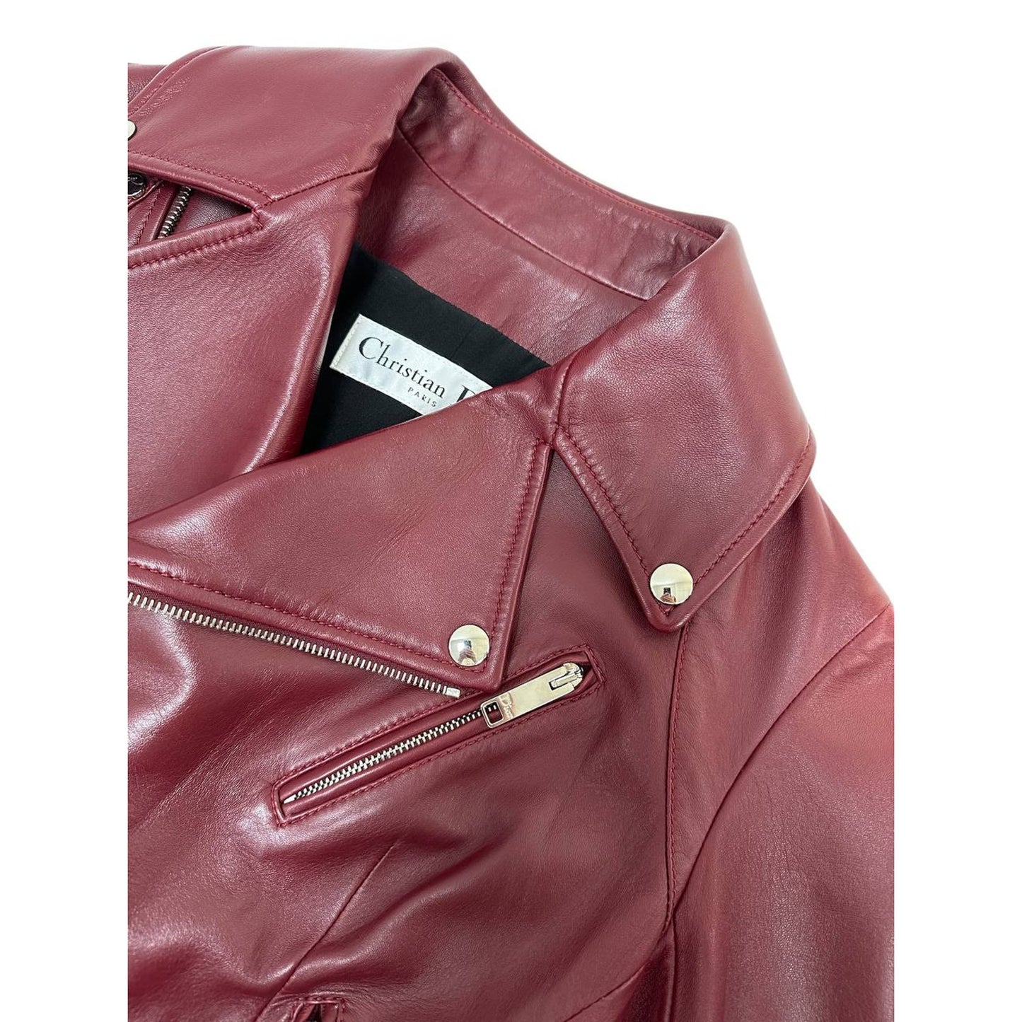 Christian Dior Burgundy Leather Biker Jacket Sz.38 Pre-owned