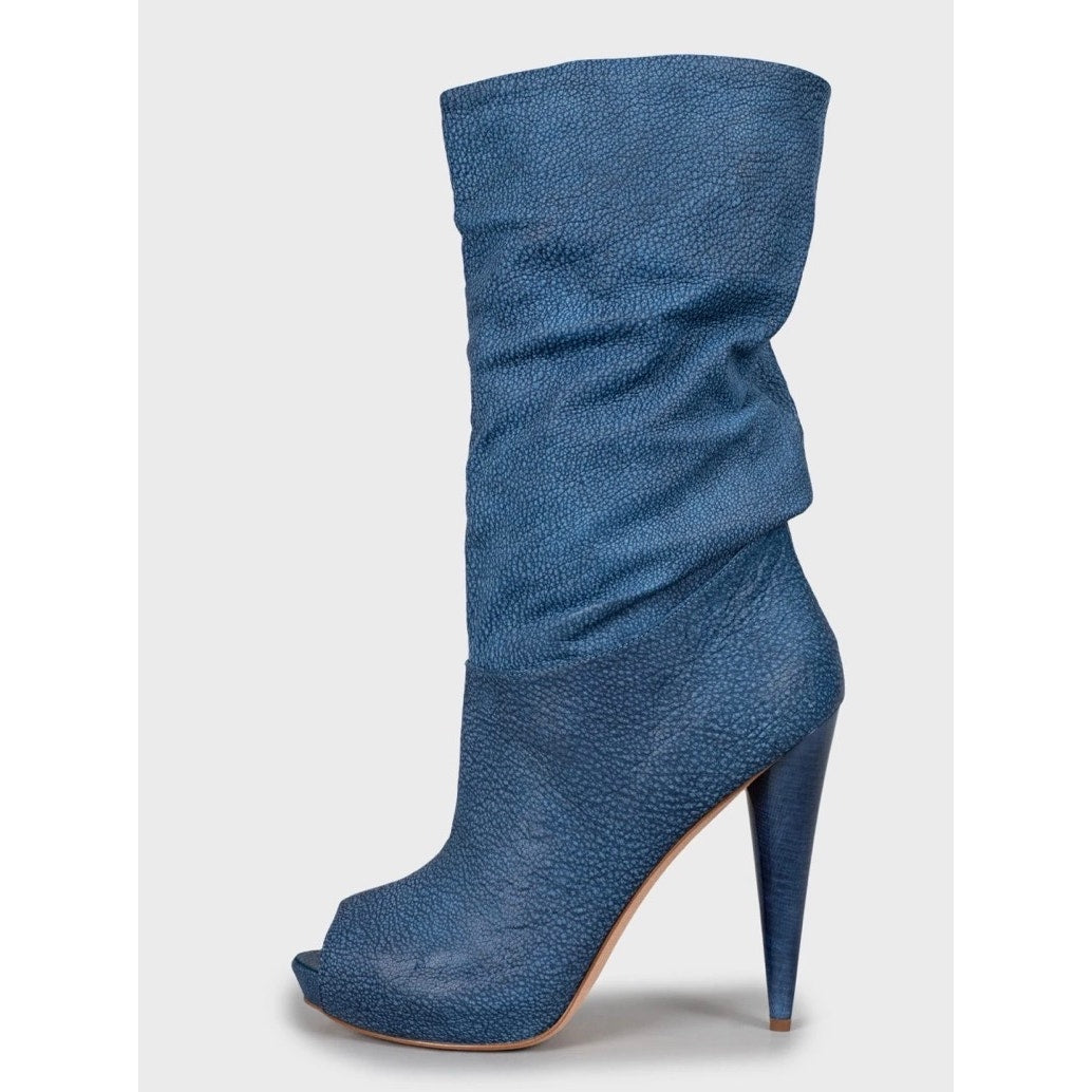 NWB Alexander McQueen Blue Leather Wedge Open Toe Boots Sz.39,5 Pre-owned