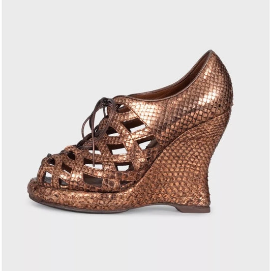 Bottega Veneta  Python Metallic Gold Wedge Sandals Sz 37.5 Pre-owned