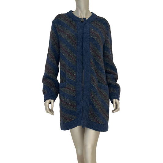 Chic CHANEL Navy Wool Alpaca Striped Chunky Cardigan Sz 34 Pre-owned