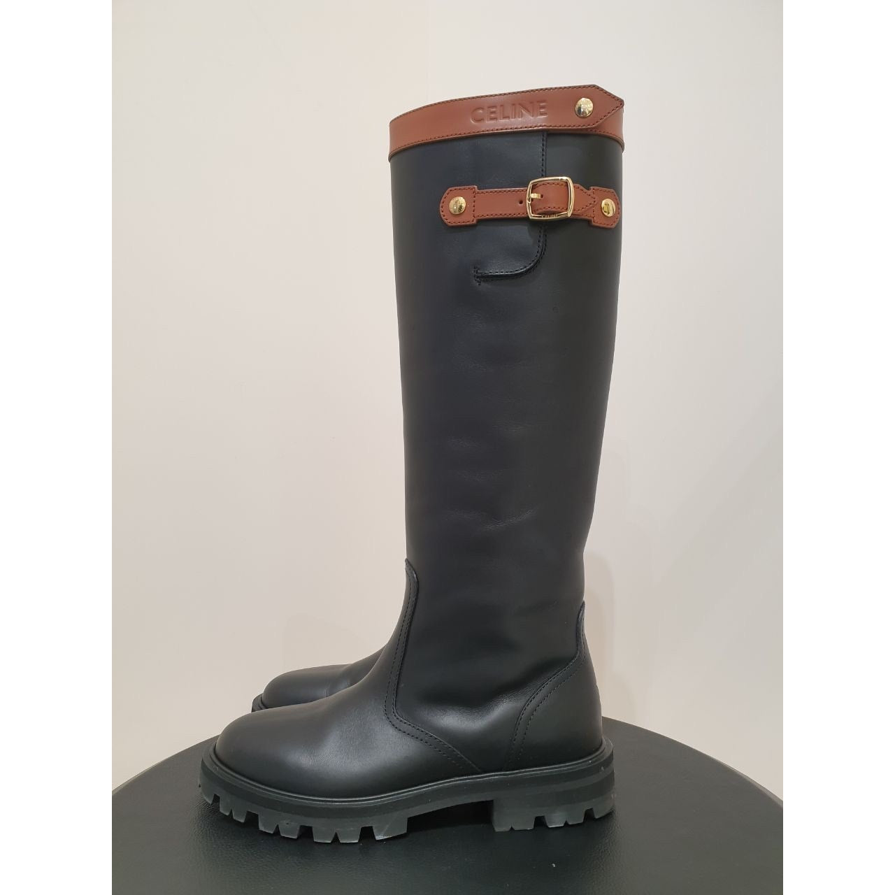 Celine Margaret High Boots Black Leather Tabac Sz. 38.5 Pre-owned