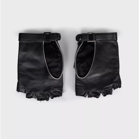 Chanel Black Leather Chain Detail Fingerless Gloves Mittens Sz.7.5 Pre-owned