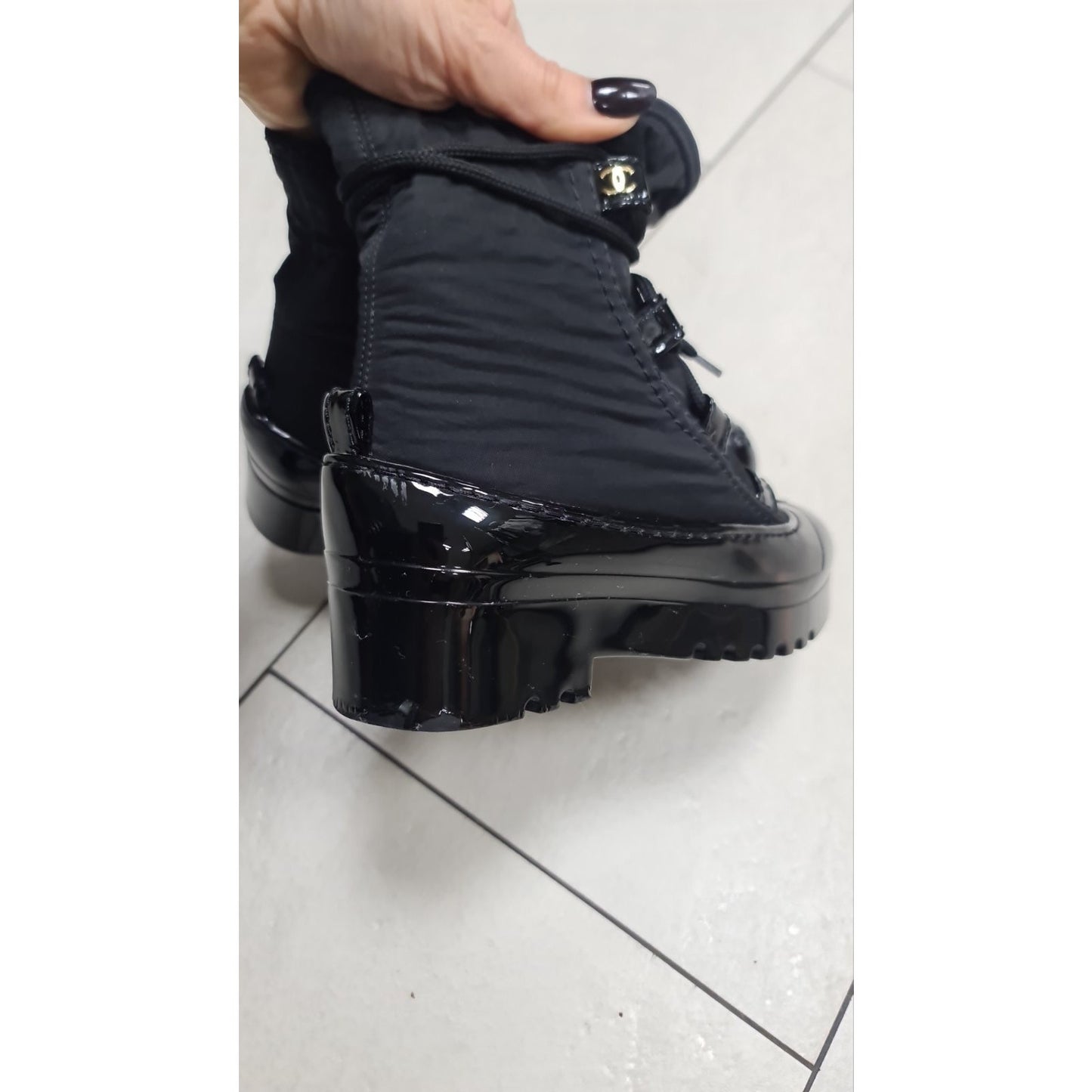 Chanel Black Rubber Nylon Ankle Boots CC Logo Size 38 Pre-owned