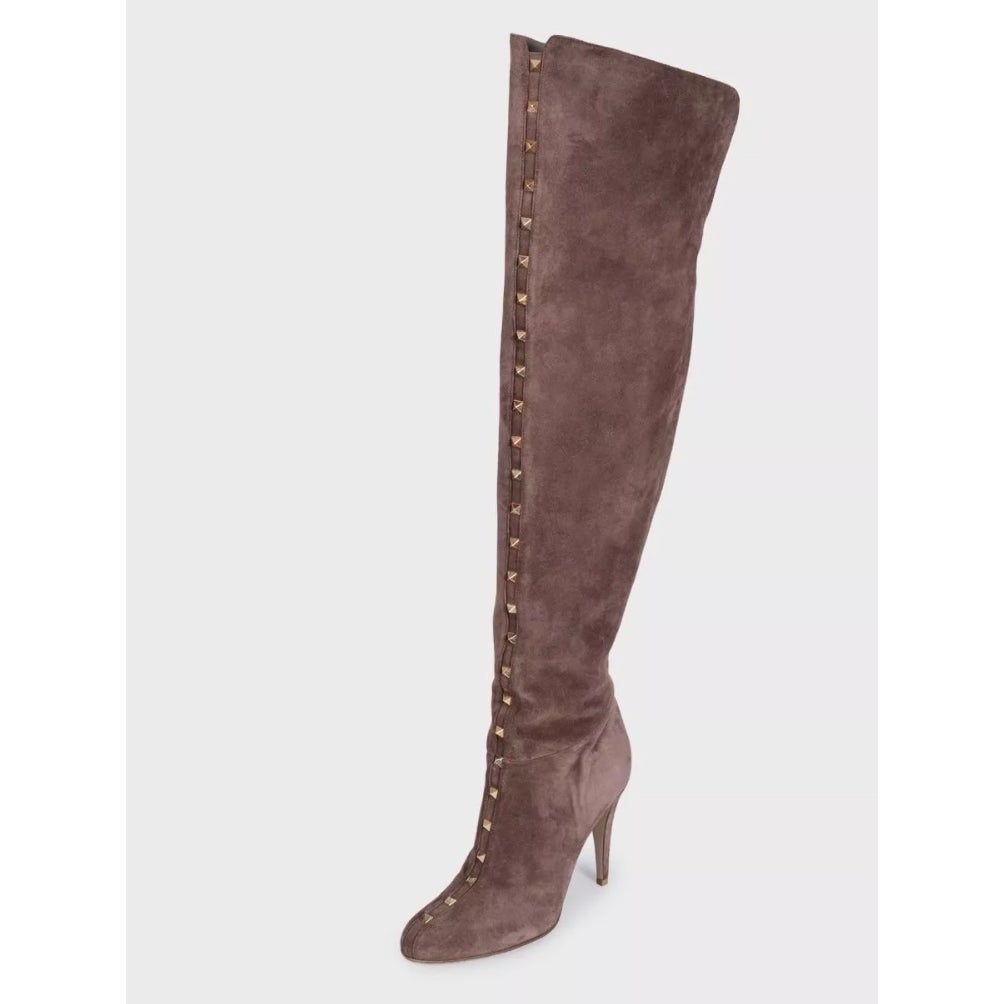 Valentino Brown Suede Over-the-Knee Boots Studded Gold Hardware EU 40 Pre-owned