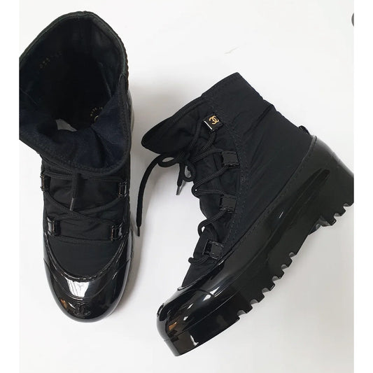 Chanel Black Rubber Nylon Ankle Boots CC Logo Size 38 Pre-owned