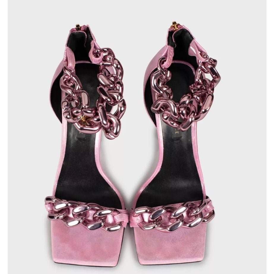 Versace Pink Medusa Textile Heeled Sandals 38.5 pre-owned