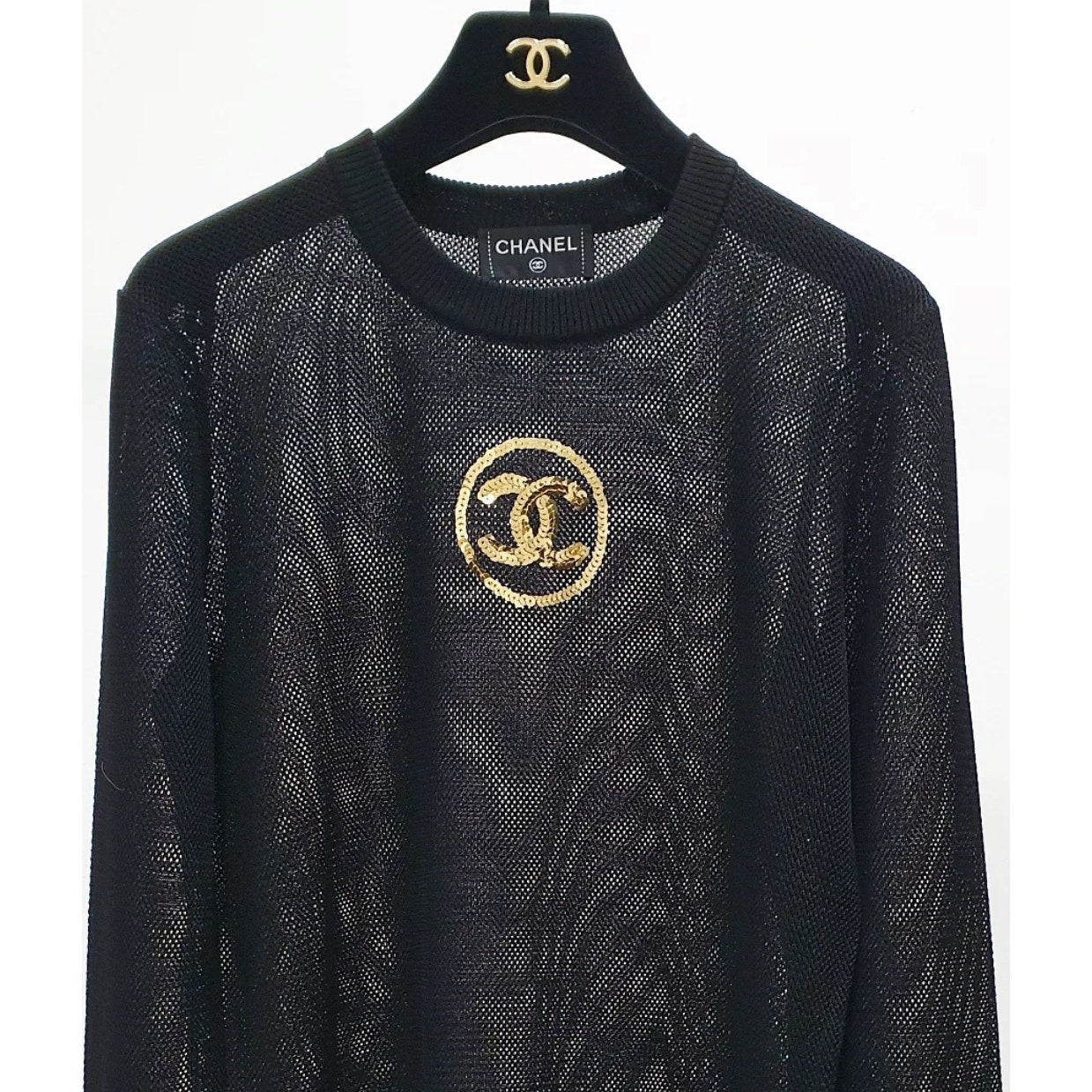Chanel Black CC Logo Jumper with Net Sleeves - Size S Pre-owned