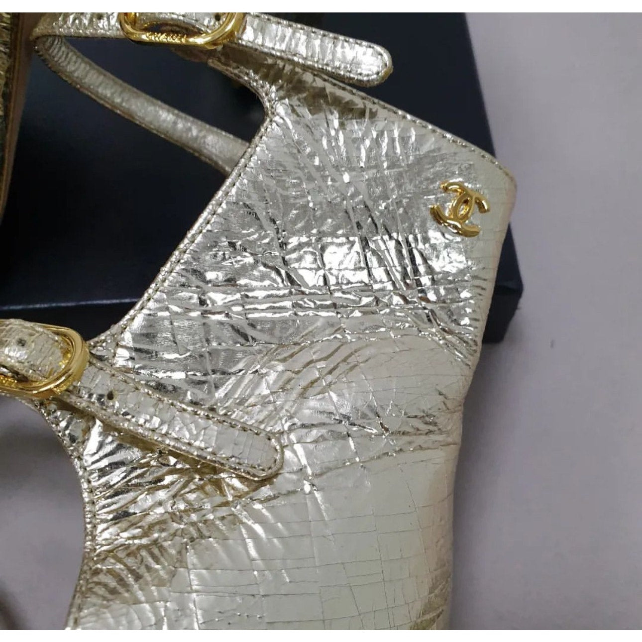 Chanel Gold Leather Camellia Ankle Strap Sandals - Size 40 pre-owned