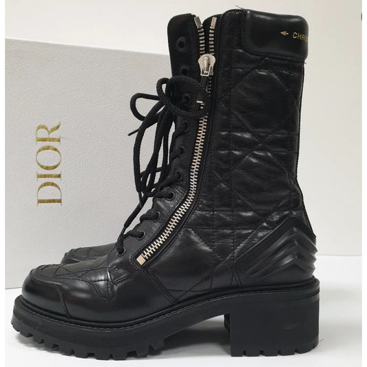 DIOR D-LEADER Cannage Quilted Leather Combat Boots - 39 Pre-owned