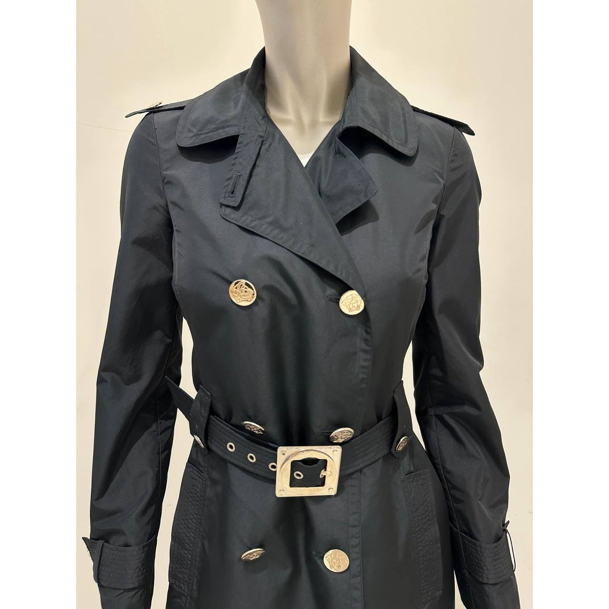 Vintage Versace Black Medusa Trench Coat Sz.40 Pre-owned