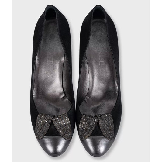 CHANEL Black Crystal Embellished Cap Toe Heels Pumps 39 Pre-owned