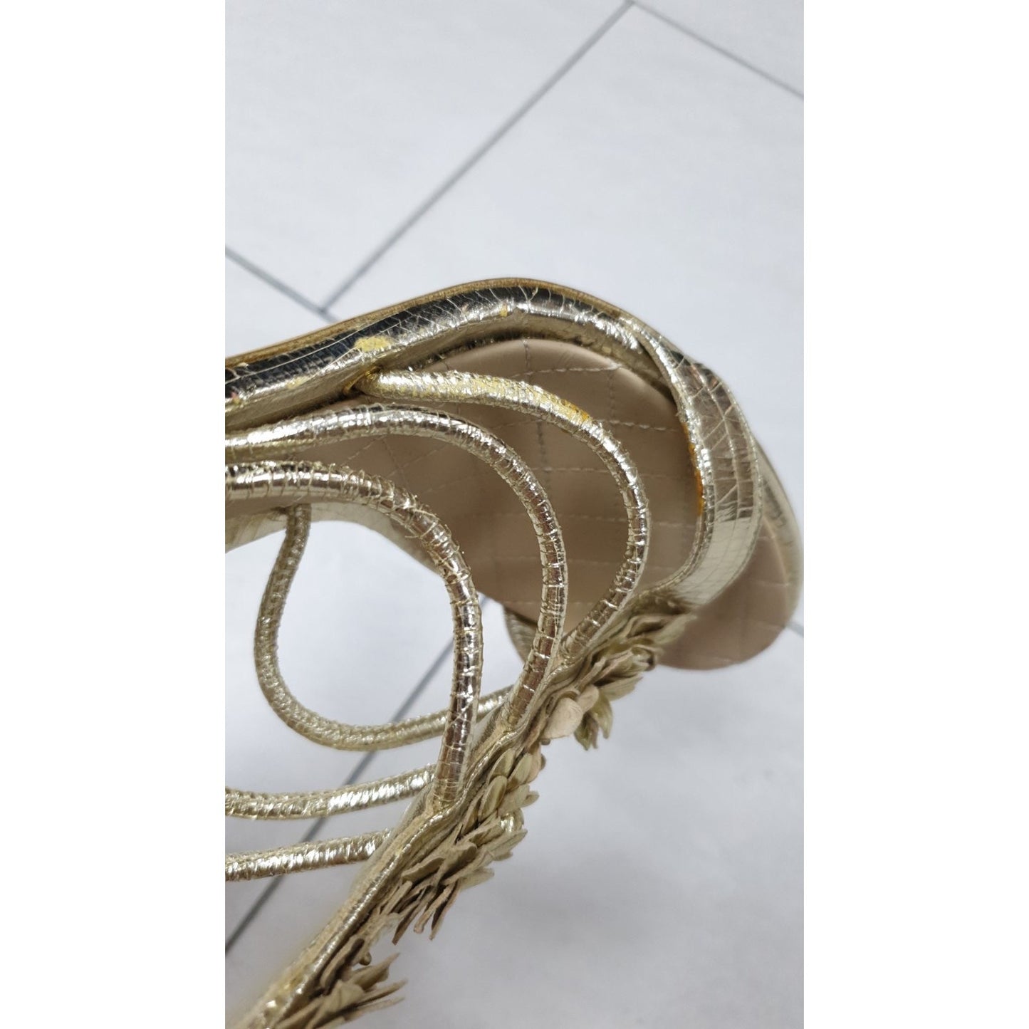 Chanel Gold Leather Camellia Ankle Strap Sandals - Size 40 pre-owned