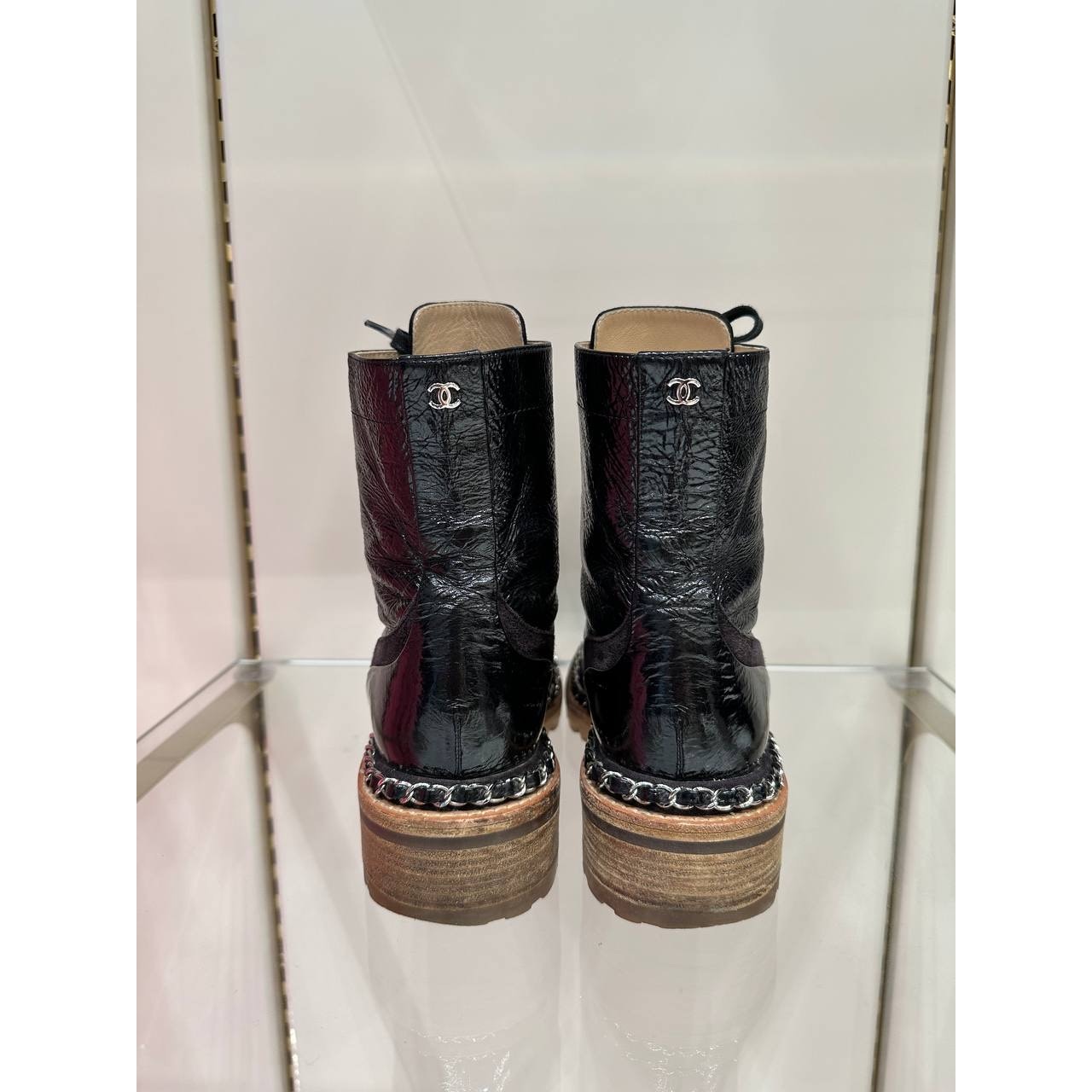 Chanel 2015 Brown Patent Leather Ankle Combat Boots Sz.38 pre-owned