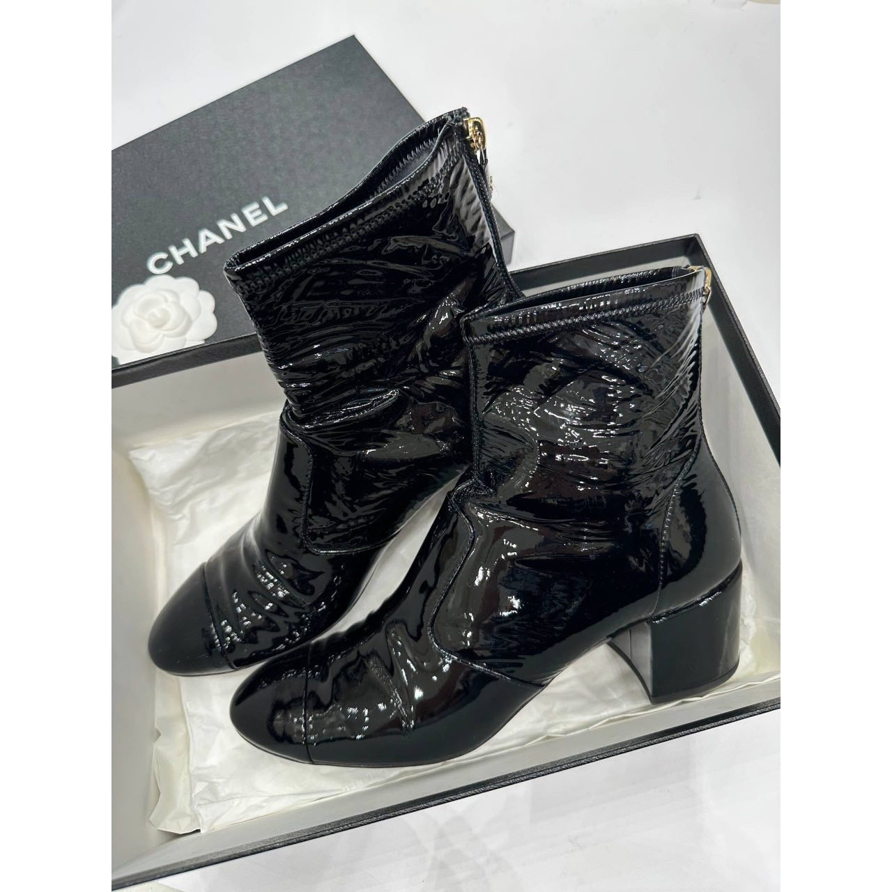 Chanel Cruise 2022 Black Patent Leather Ankle Boots Size 41 Pre-owned