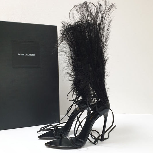 SAINT LAURENT Talitha Crystal Leather Ankle-Wrap Sandals Sz.38 Pre-owned