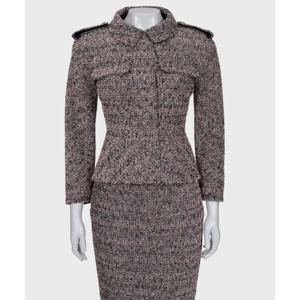 Chanel 2016 Pink Black & Silver Bouclé Wool Skirt Jacket Suit FR38 Pre-owned