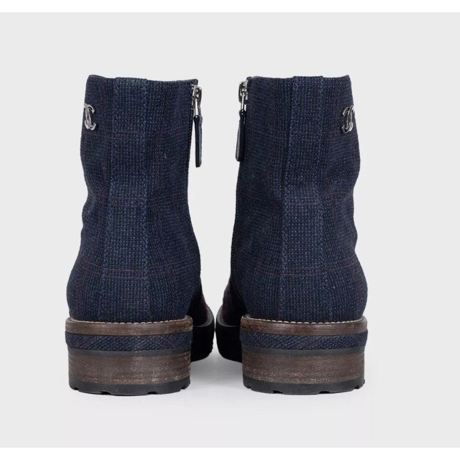 Chanel Blue Textile Logo Zip Ankle Boots Size 38.5 pre-owned