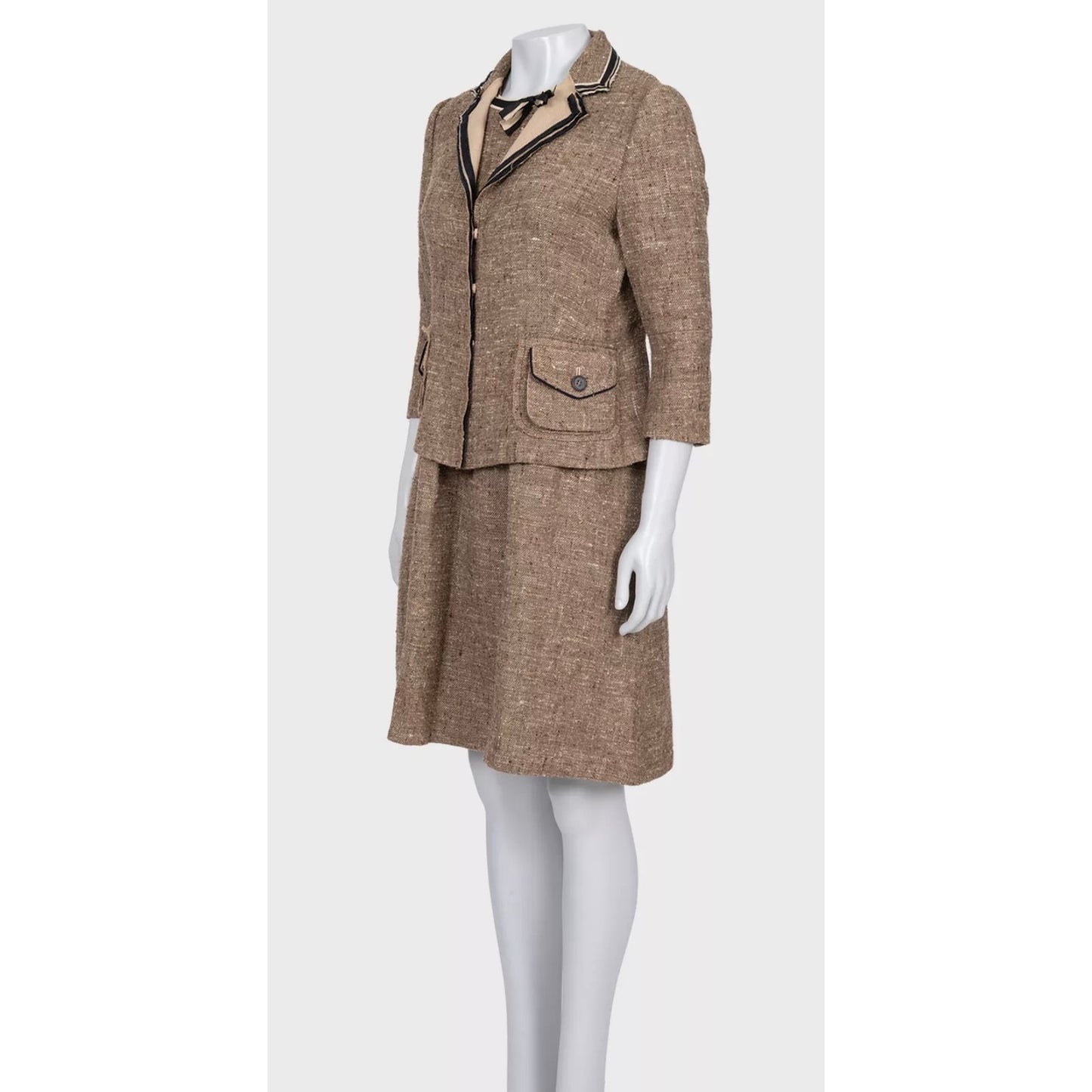 Elegant Prada Brown Silk Blend Dress & Jacket Set Sz.44 Pre-owned