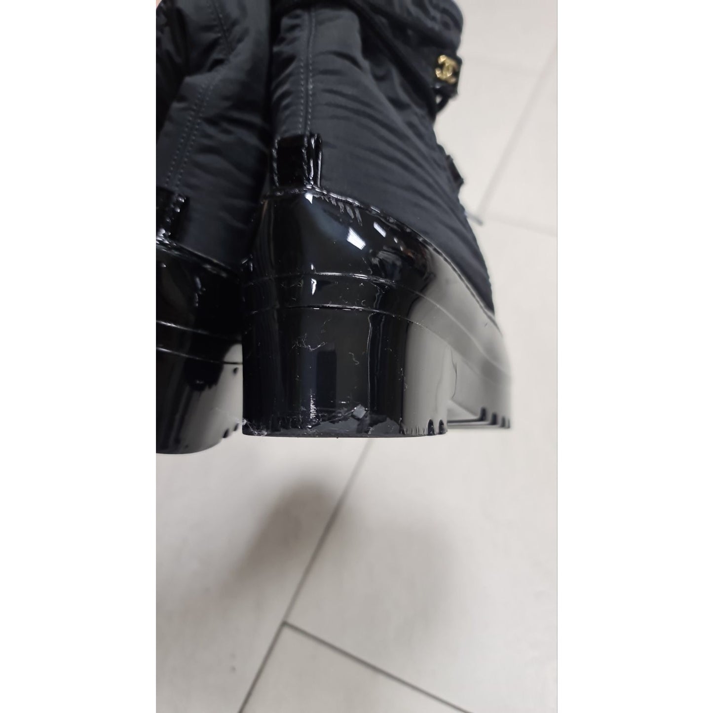 Chanel Black Rubber Nylon Ankle Boots CC Logo Size 38 Pre-owned