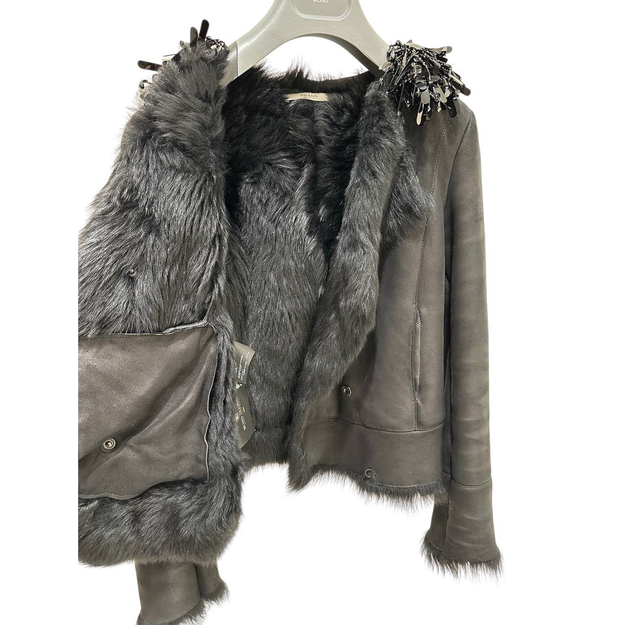 Prada Black Shearling  Decorative Collar Coat  Size 38 Pre-owned