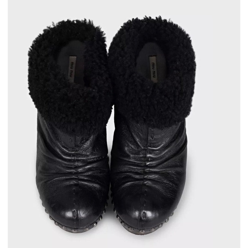 Miu Miu Black Leather Ankle Boots with Wooden Block Heel Size 36 Pre-owned