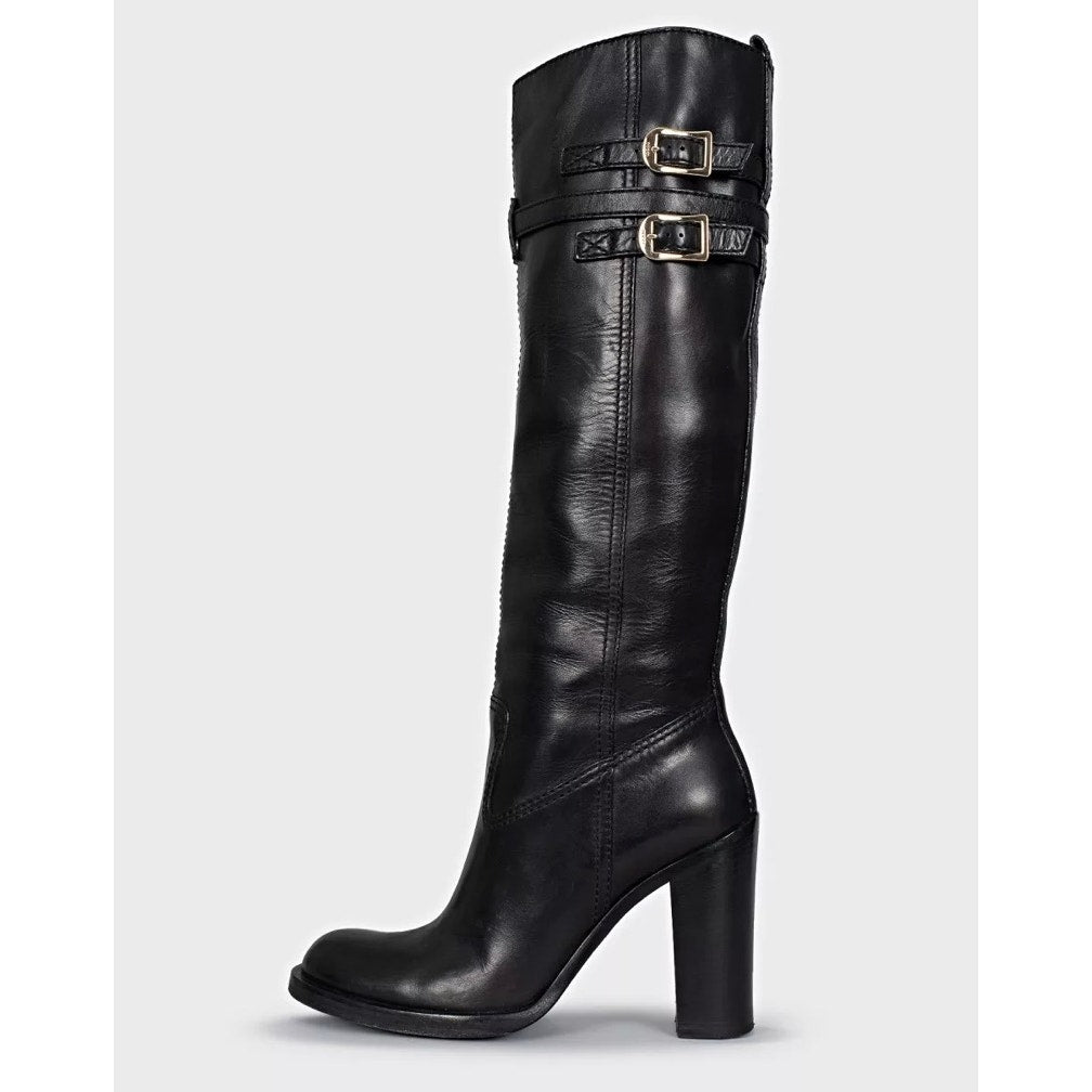 Gucci Black Leather Round Toe Stacked Heel Boots Sz.39.5 Pre-owned