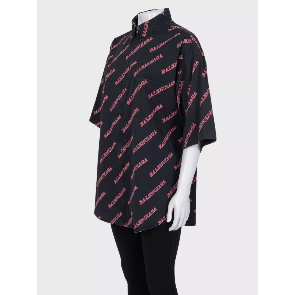 Balenciaga Black Cotton Zip-Up Shirt - Logo Print XXL Pre-owned