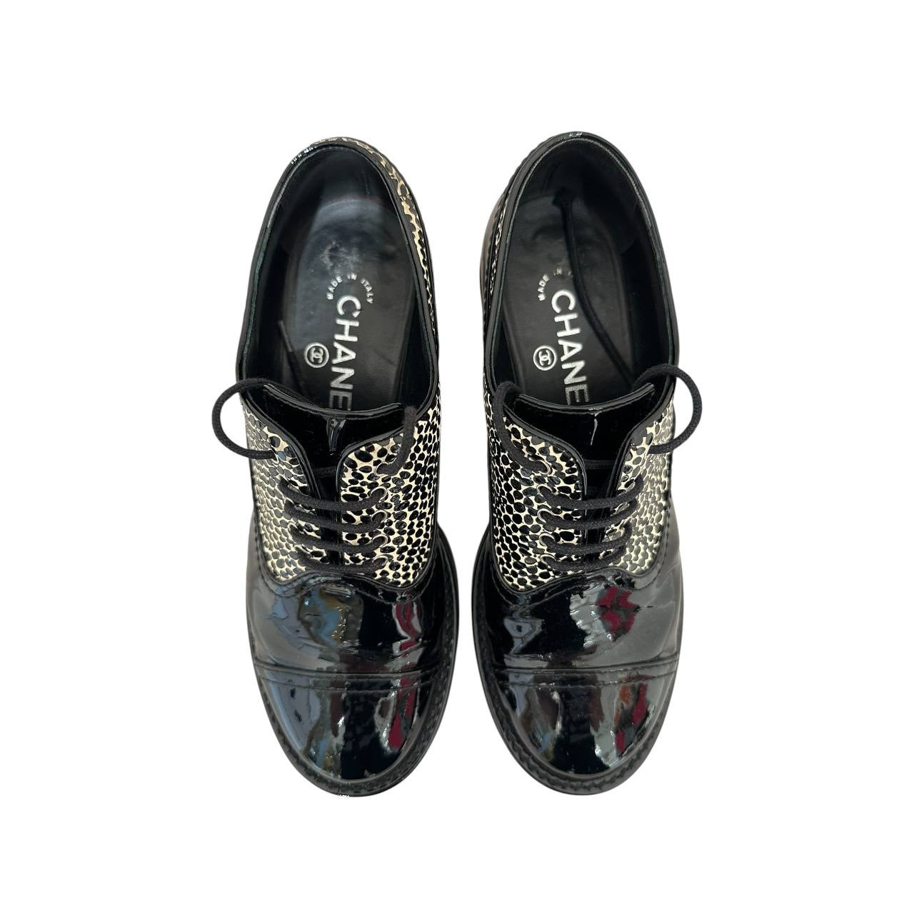 Chanel Leopard Print Patent Leather Heeled Derby  EU 38 Pre-owned
