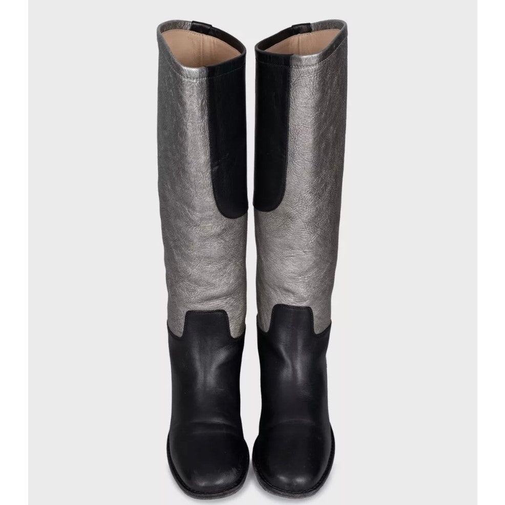 Chanel Silver & Black Leather Ankle Boots - Size 38 pre-owned