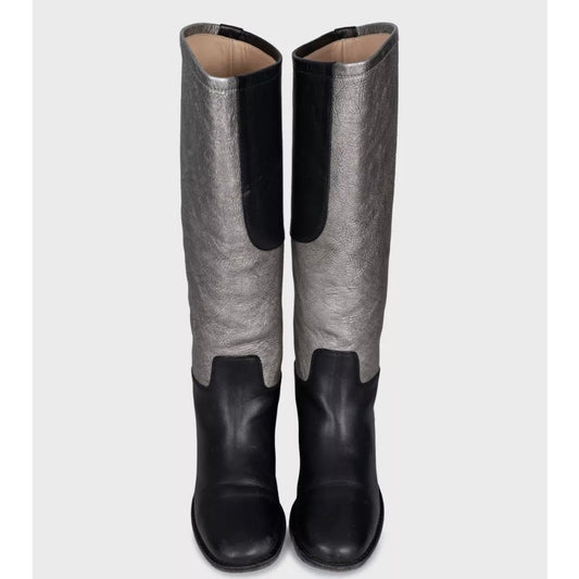 Chanel Silver & Black Leather Ankle Boots - Size 38 pre-owned