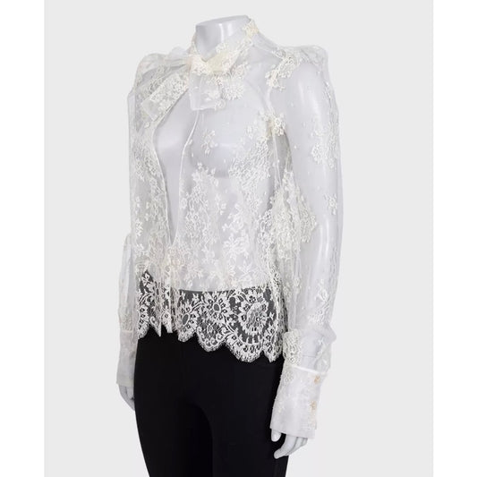 Christian Dior Vintage White Sheer Tie Neck Blouse Long Sleeve S Pre-owned