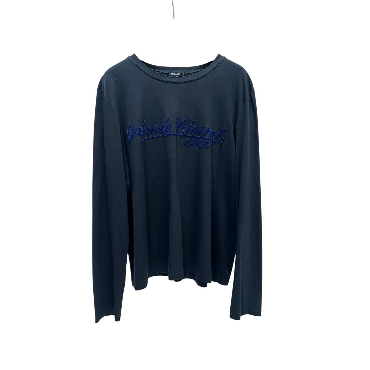 Chanel Gabrielle Black Cotton Long Sleeve Crew Neck Top Sz 48 pre-owned