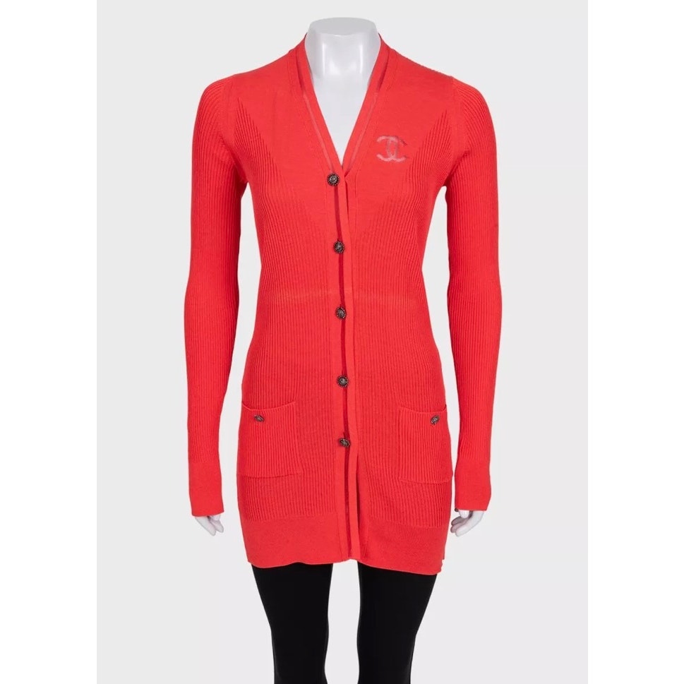 CHANEL Red Silk Cotton Blend Fitted Long Cardigan FR 38 M Pre-owned
