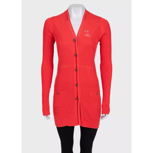 CHANEL Red Silk Cotton Blend Fitted Long Cardigan FR 38 M Pre-owned