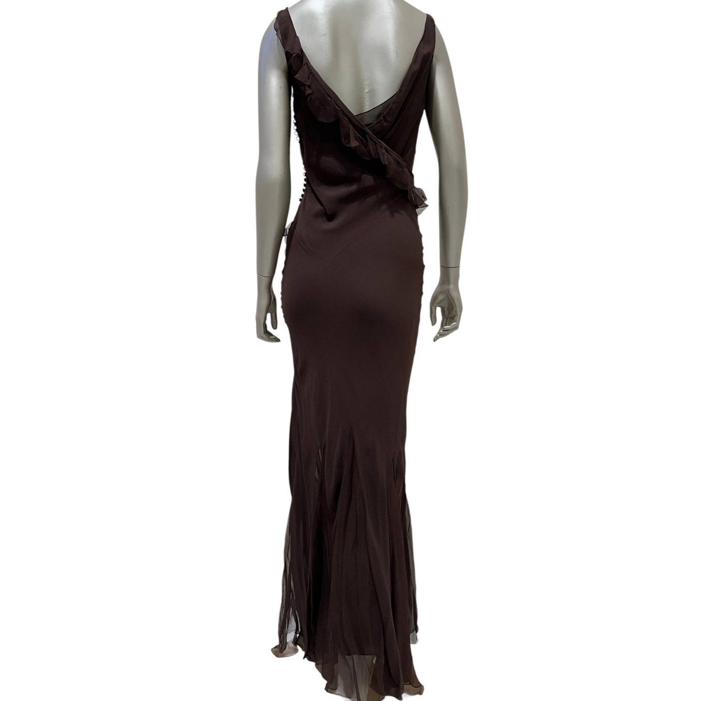Dior by Galliano 2005 Brown Silk Ruffle Evening Dress Sz.36 Pre-owned