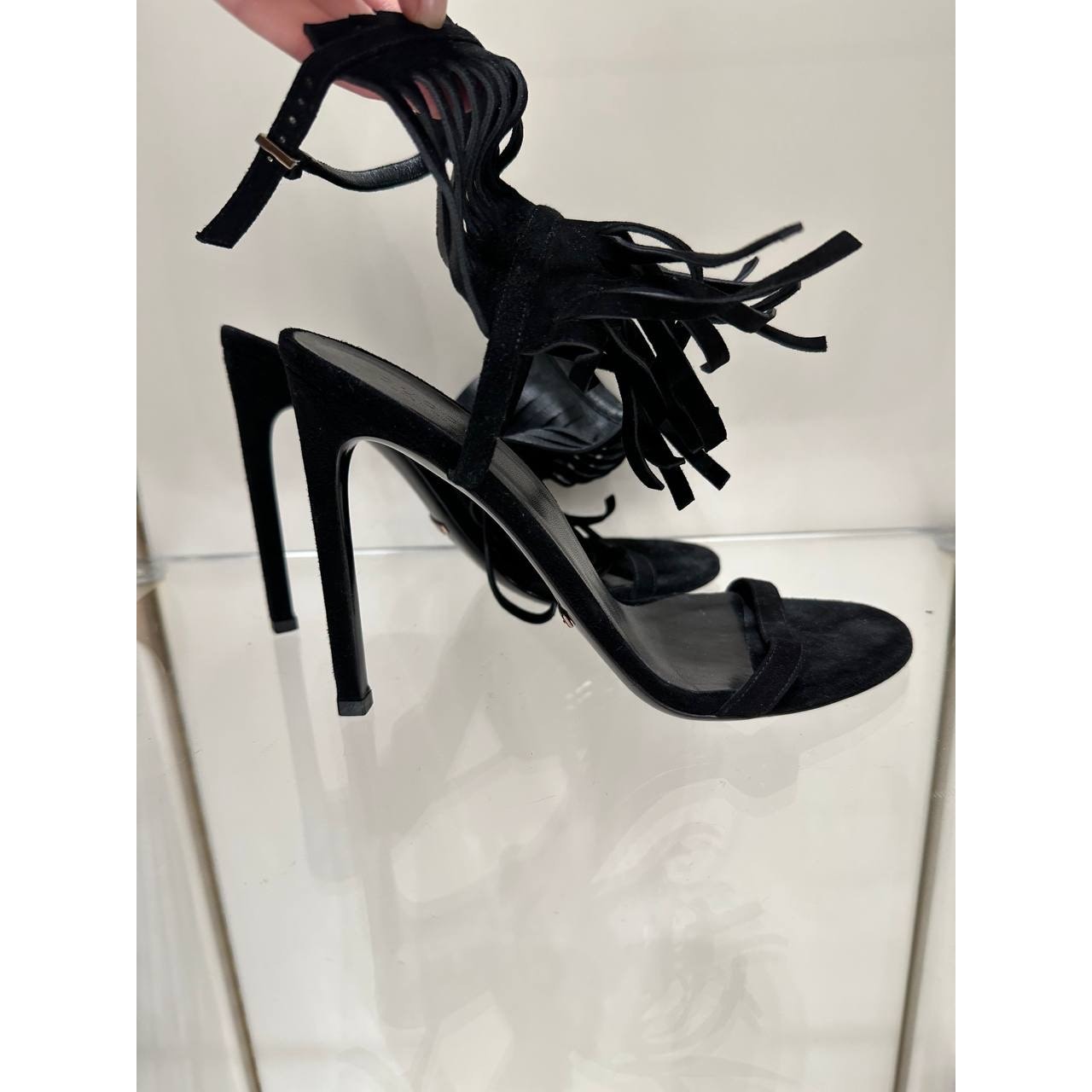 Gucci Becky Black Suede Fringe High-Heel Sandals Sz.38 Pre-owned