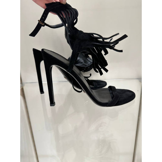 Gucci Becky Black Suede Fringe High-Heel Sandals Sz.38 Pre-owned