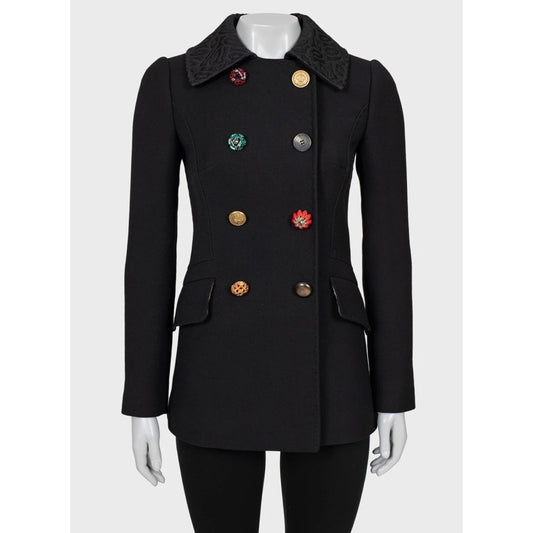 Dolce & Gabbana Black Wool Coat with Crystal Buttons Sz.38/XS pre-owned