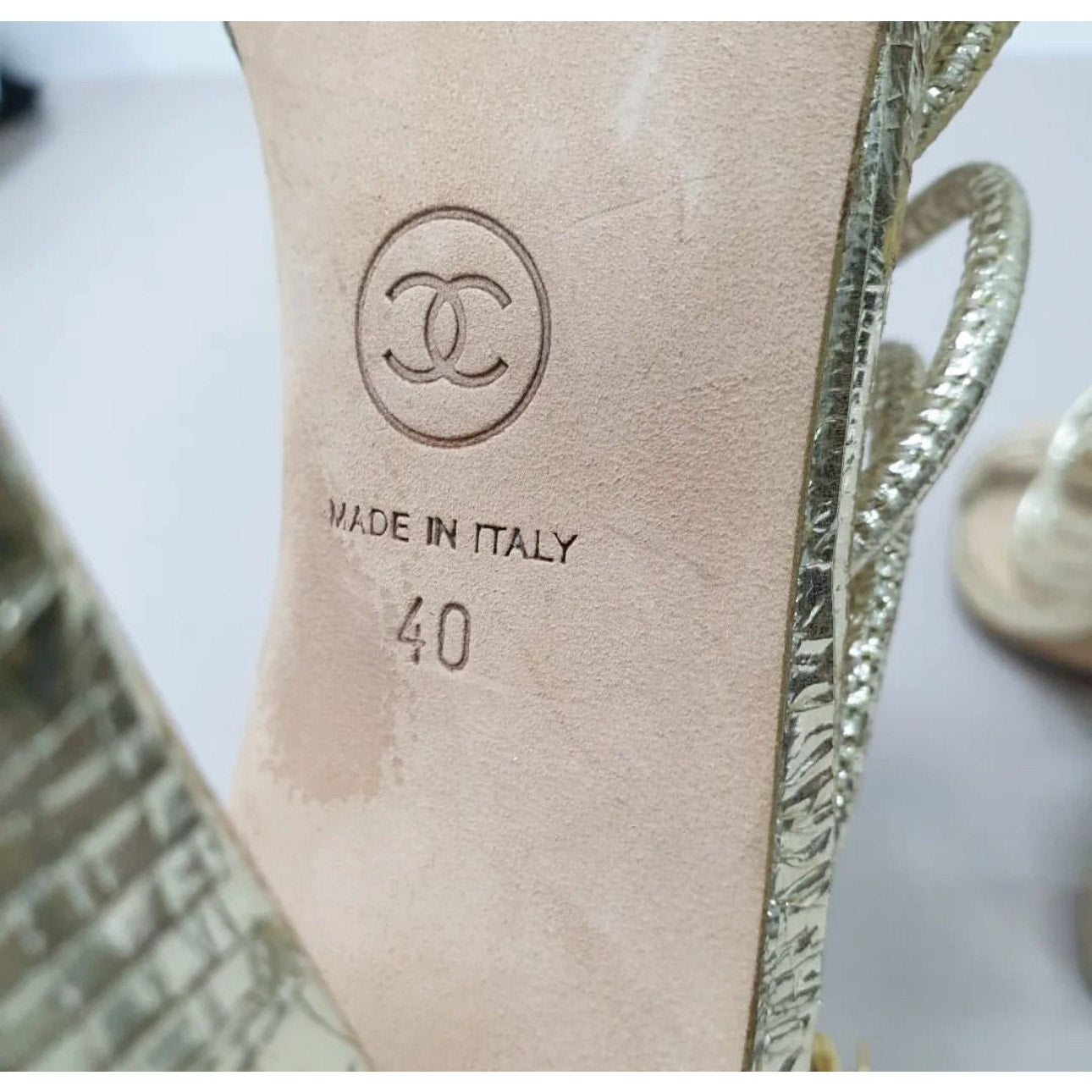 Chanel Gold Leather Camellia Ankle Strap Sandals - Size 40 pre-owned